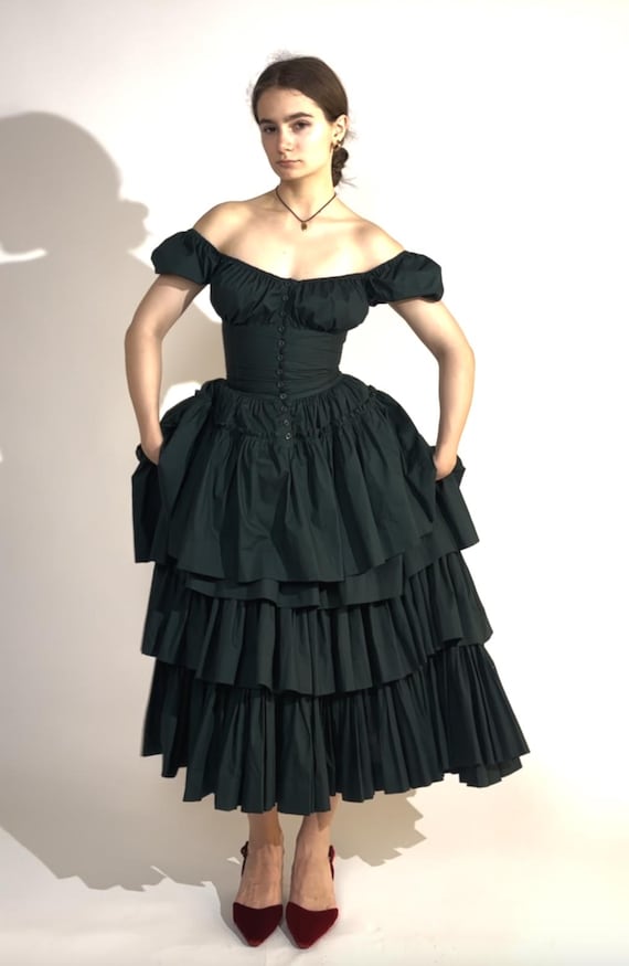Dark Green Detachable skirt, 2 in 1 dress, Ruffles Cotton Gorgeous FurFur Dress