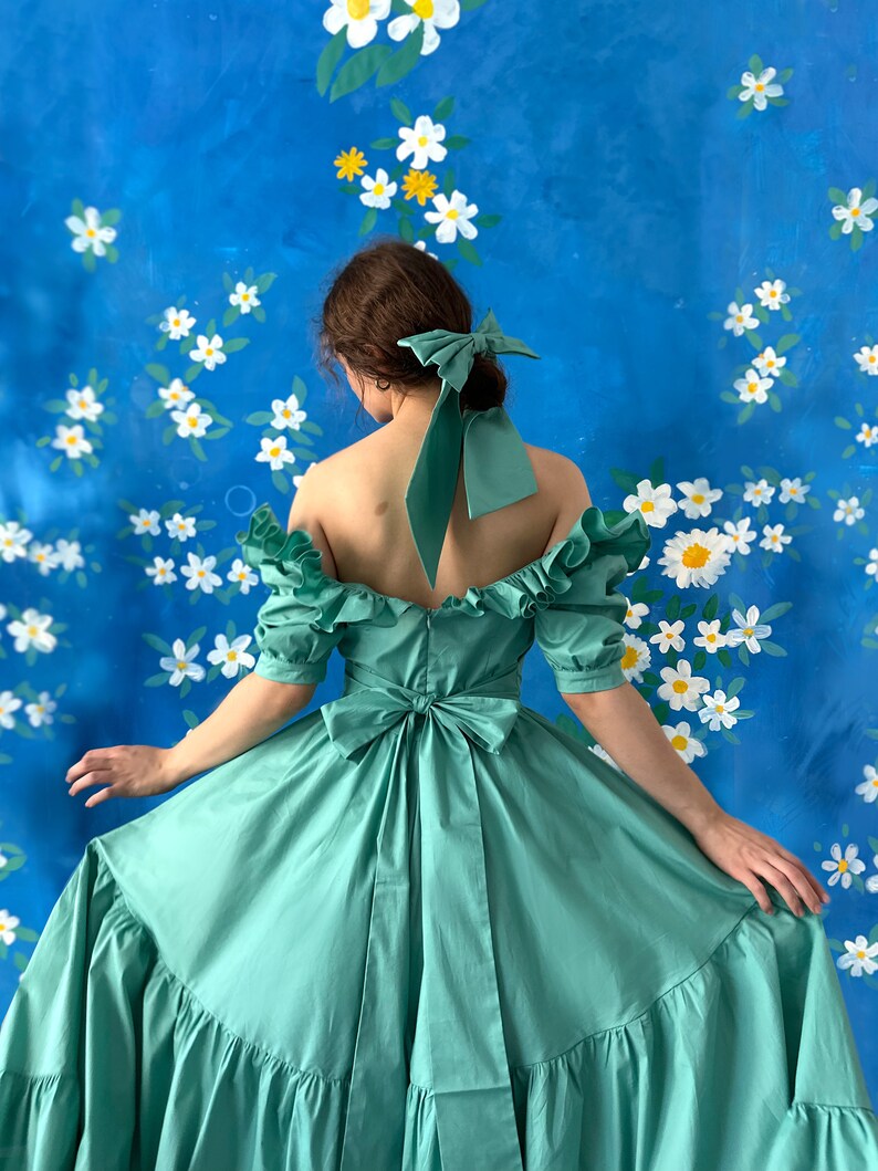 Teal Shoulders off Ruffles Cotton Gorgeous FurFur Dress image 5