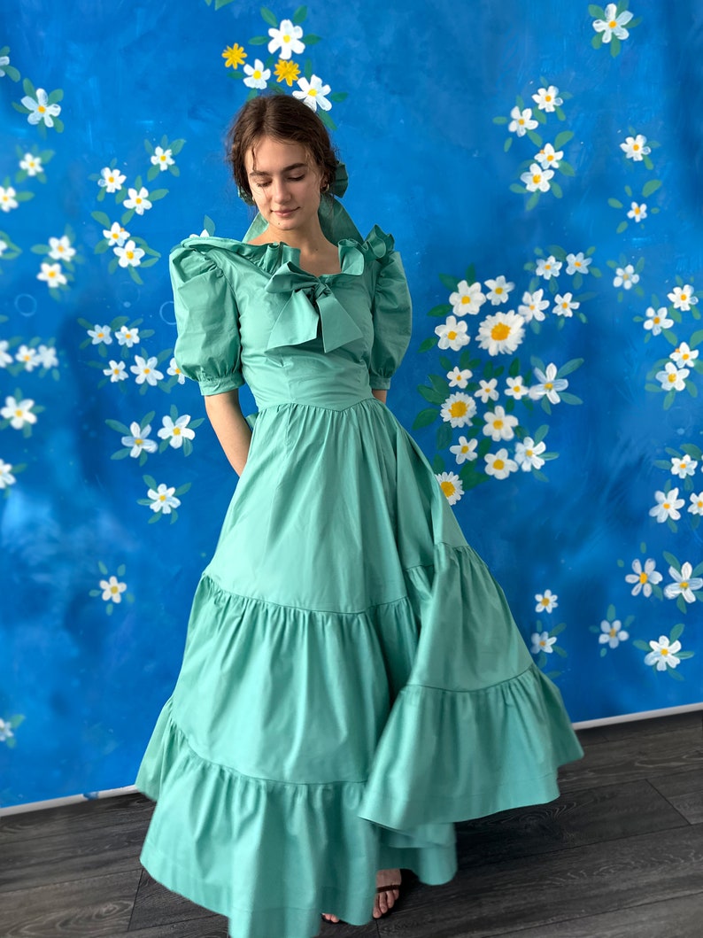 Teal Shoulders off Ruffles Cotton Gorgeous FurFur Dress image 4