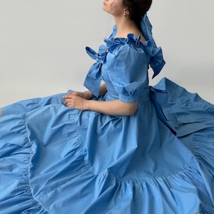 Blue Shoulders off Ruffles Cotton Gorgeous FurFur Dress image 4