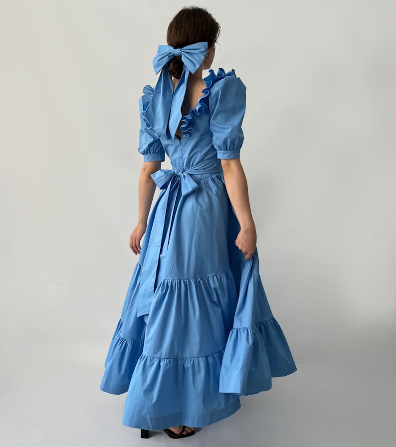 Blue Shoulders off Ruffles Cotton Gorgeous FurFur Dress image 5