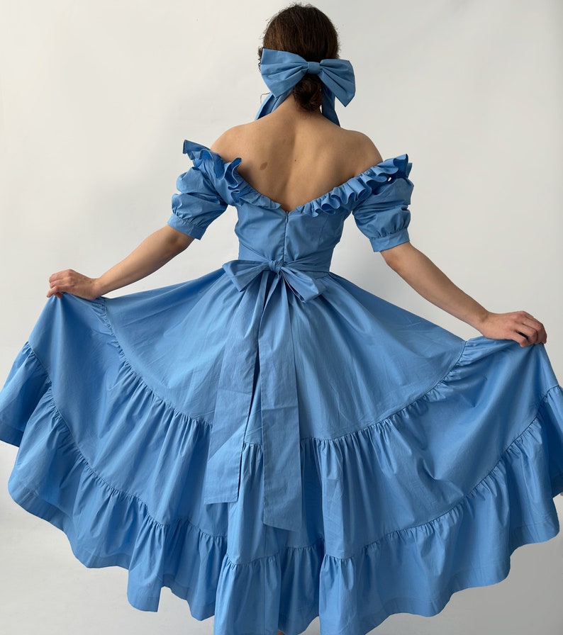 Blue Shoulders off Ruffles Cotton Gorgeous FurFur Dress image 3