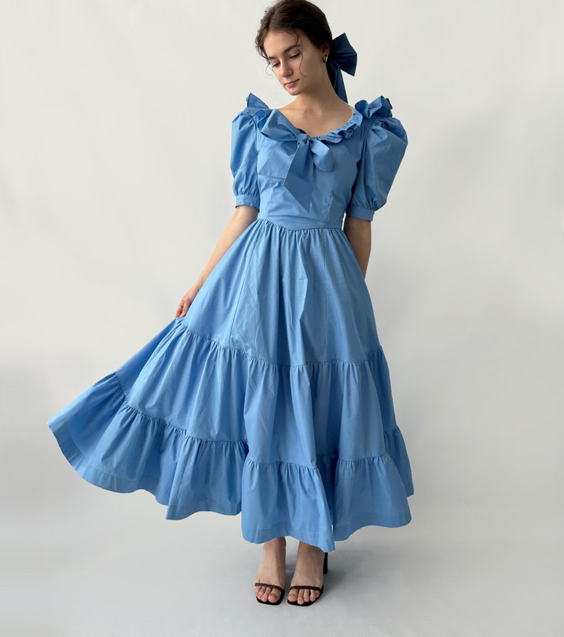 Blue Shoulders off Ruffles Cotton Gorgeous FurFur Dress image 2