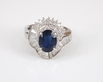 Vintage 2.16ct Royal Blue Sapphire & 1.42ct Diamond Platinum Ring, Size 5.75
