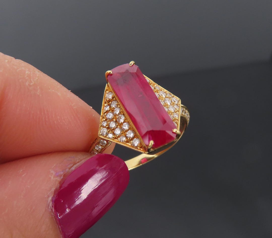 Gia Certified 3.79ct Step Cut Ruby 0.41ct Diamond 18k Yellow Gold Ring ...