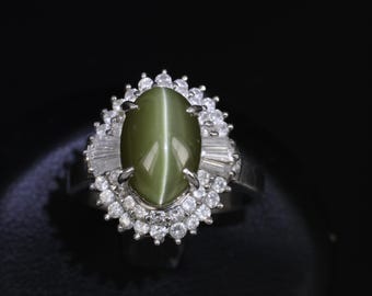 Vintage 5,33 kt Gia chrysoberyl Cat's Eye & 0,90 kt diamanten platina ringmaat 7,5