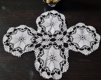 Cross Shape Doily with 4 Circle Flower ornaments / Unique Table Cloth/ Vintage Hand Crocheted Lace Doily/ Table Centerpiece/ Home Decoration