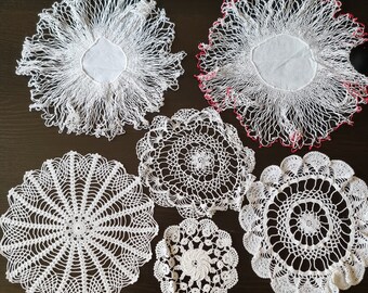 6 pieces Unique Table Cloth Vintage Hand Crocheted Lace Doilies ,Various Sizes , Round Shapes