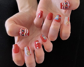 Lion Dance Luck 3D Prosperity Lion Chinese Inspired  Press On Nails | short | long | almond | coffin