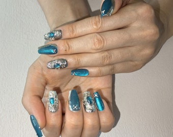 Elegant Lake Blue Short Stiletto Cat Eye Gemstone Press On Nails | short nails | long | almond | coffin