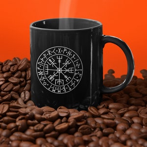 Nordic Runes Black Mug, Unique Gifts for Him, Outdoorsy Coffee Cup, Personalized Campfire Mug, Men&#39;s Holiday Present, Vegvisir Coffee Mug