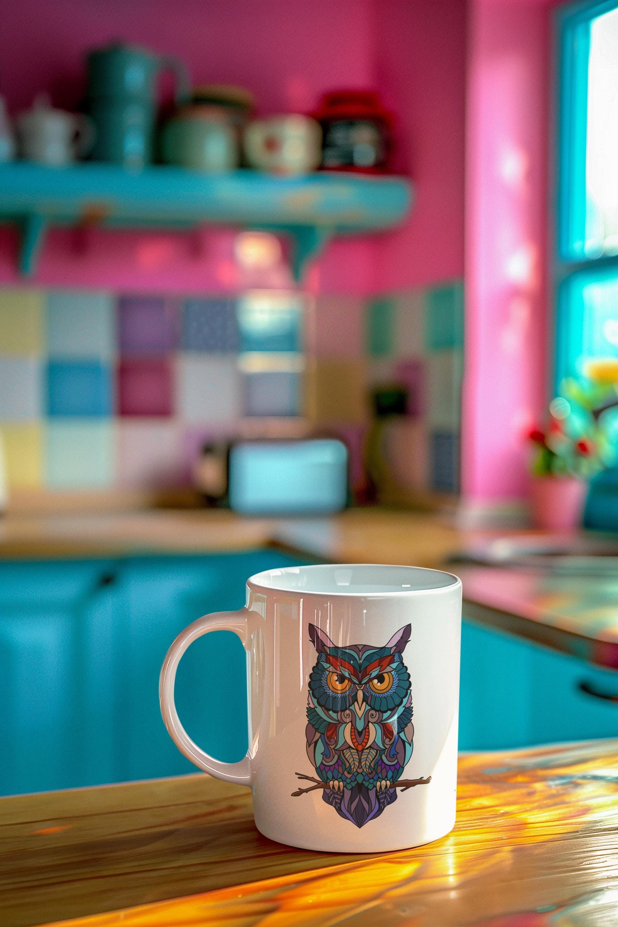 Stained Glass Owl Mug 11oz, Colorful Coffee Cup, Owl Lover Gift, Unique Tea Mug, Bird Enthusiast Pre