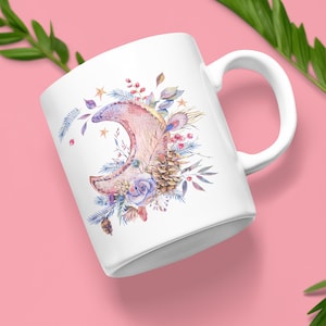 Floral Crescent Moon Design, Floral Gift Ideas, Beautiful Moon Coffee Cup, Gift for Nature Lovers, Botanical Mug, Moon Lover, Moon Mug