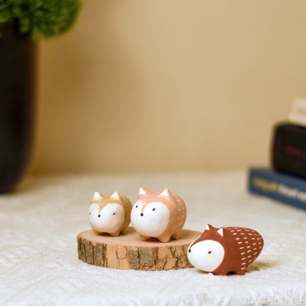 Handmade Fox Decor, Hand Painted White Clay Decoration, Unique Present For Fox Lover, Miniature Pet Collectibles, Chubby Worry Pet Figurine