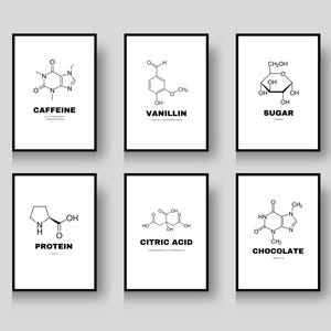 Könnte beinhalten: Sechs schwarz-weiße druckbare Poster mit den chemischen Strukturen von Koffein, Vanillin, Zucker, Protein, Zitronensäure und Schokolade. Jedes Poster trägt den Namen des Moleküls unten.