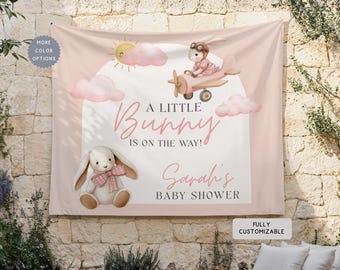 Personalized Blush Pink Bunny Baby Shower Banner, Custom Some Bunny on the Way Hanging Backdrop Party Decor, Coquette Bow Girl Welcome Sign
