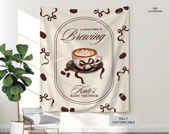 Personalized A Sweet Baby is Brewing Banner, Custom Cafe & Bow Theme Baby Shower Hanging Backdrop, Latte Party Photobooth Welcome Sign Decor