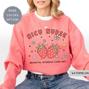 Comfort Colors® NICU Nurse Sweatshirt, Strawberry Neonatal Intensive Care Unit Department Crewneck, Floral Nurse Week Sweater NICU Crew Gift