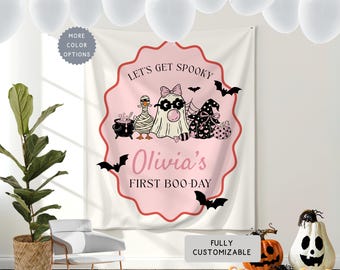 Personalized Coquette Halloween First Birthday Banner, 1st Boo Day Hanging Backdrop, Custom ANY AGE Spooky Theme First Party Kids Sign Decor