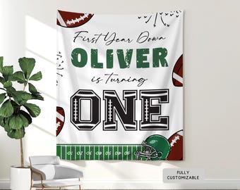 Personalized 1st Birthday Football Theme Banner, Custom First Year Down Birthday Party Hanging Wall Backdrop,Boy ANYAGE Birthday Sports Sign