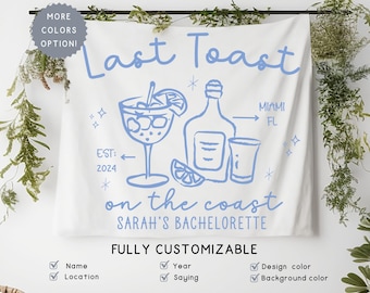Personalized Beach Bride Photo Wedding Backdrop Tapestry for Bachelorette Party Decor, Last Toast on the Coast Bach Banner, Destination Bach