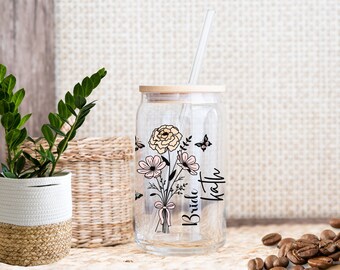 Custom Birthmonth Flower Ice Coffee Glass Cup with Lid, Personal Name Glass Bridesmaids Proposal Party Favor, Birth Flower Mothers Day Gift