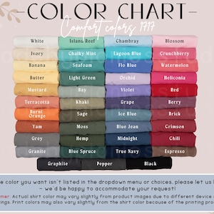 Op de afbeelding: Kleurenkaart van Comfort Colors 1717 shirts, met een breed scala aan kleuren van wit tot zwart. De kaart bevat tinten als Island Reef, Orchid en Crimson. De tekst onderaan luidt: "Als de kleur die je wilt er niet bij staat... helpen we je graag verder!"
