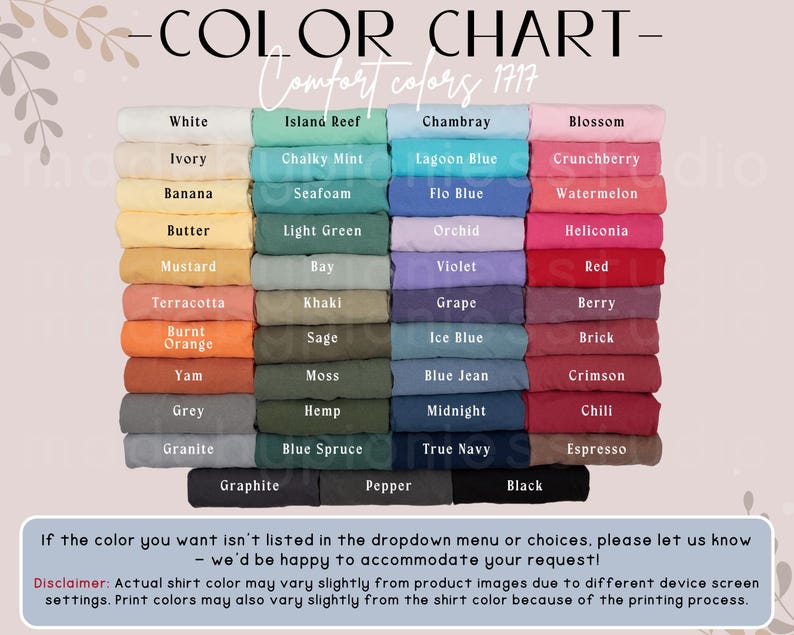 Op de afbeelding: Kleurenkaart van Comfort Colors 1717 shirts, met een breed scala aan kleuren van wit tot zwart. De kaart bevat tinten als Island Reef, Orchid en Crimson. De tekst onderaan luidt: "Als de kleur die je wilt er niet bij staat... helpen we je graag verder!"