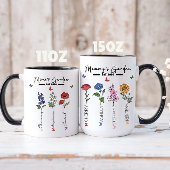 Custom Flower Mug, Gift for Gigi, Gift Ideas for Nana, Custom Garden Gift, Birth Flower Cup, Grandma's Garden, Personal Mug, Birth Flower