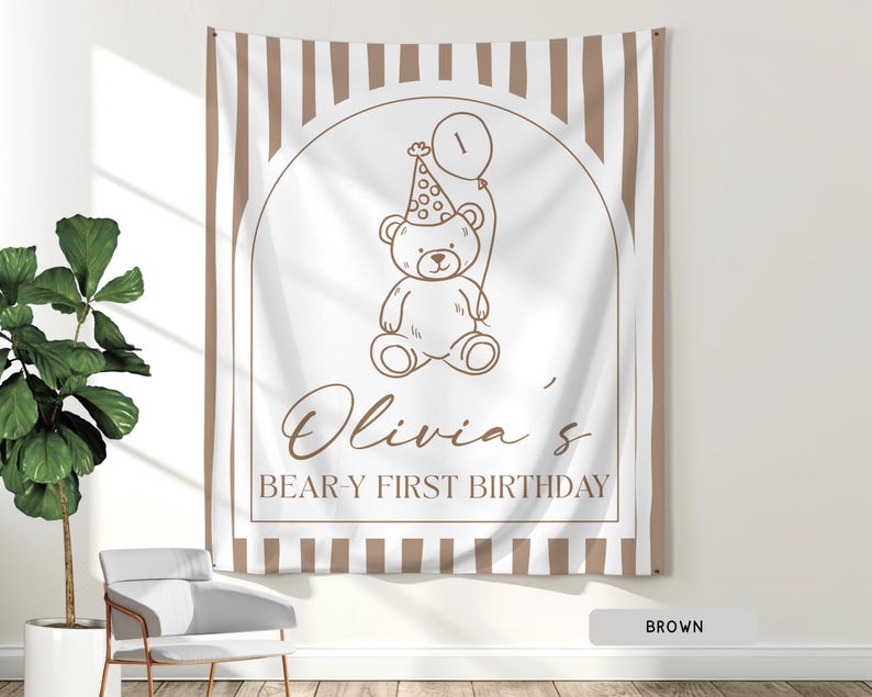 Personalized Beary First Birthday Hanging Backdrop Decor, Teddy Bear Theme Birthday Tapestry Sign, Custom 1st Birthday Boy Girl Banner Ideas image 8