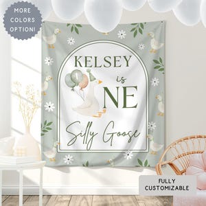 Personalized One Silly Goose Birthday Banner, Floral Silly Goose Wall Hanging Backdrop Party Decor, Custom Goose 1st Birthday Welcome Sign