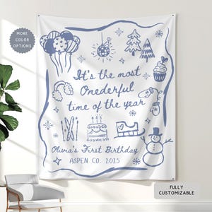Personalized Winter Onederland Birthday Banner, Custom First Snowflakes Theme Party Hanging Backdrop, Most Onederful Time Welcome Sign Decor