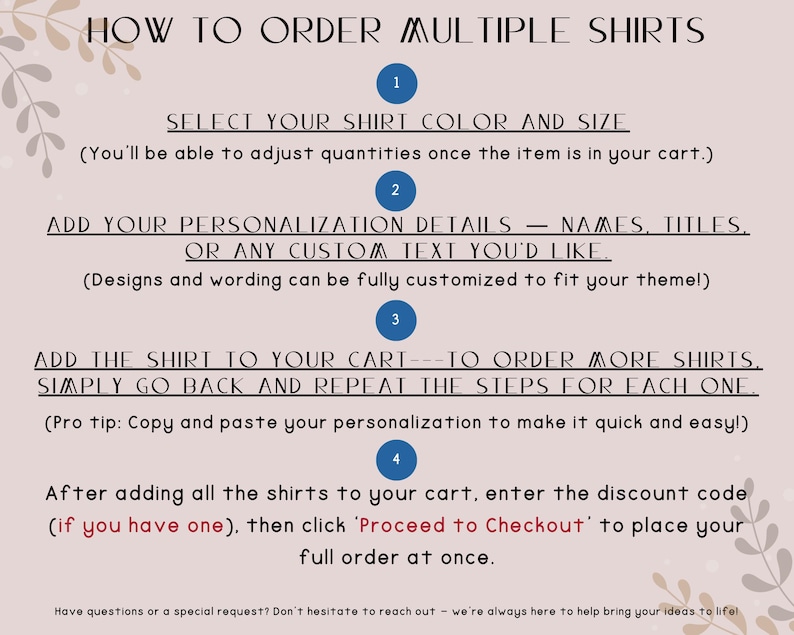 Op de afbeelding: Een roze gids met instructies voor het bestellen van meerdere shirts. De stappen omvatten het selecteren van de kleur en maat van het shirt, het toevoegen van personalisatiegegevens en het afrekenen.