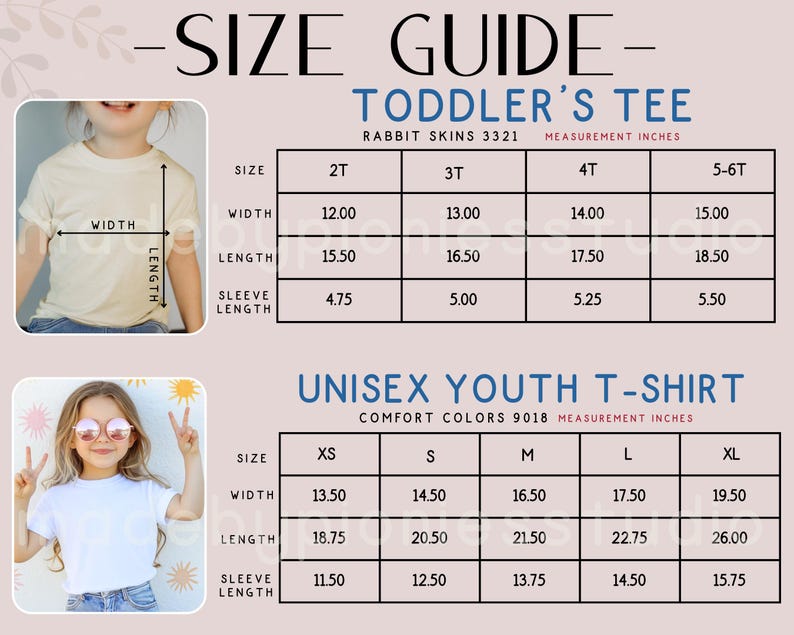 Op de afbeelding: Maattabel voor peuter- en jeugd-T-shirts. De gids bevat afmetingen in inches (omgerekend naar cm) voor breedte, lengte en mouwlengte voor verschillende maten. De T-shirtmaten voor peuters vari&euml;ren van 2T tot 5-6T en de T-shirtmaten voor jeugd van XS tot XL.