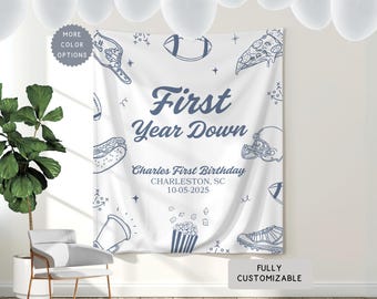 Personalized 1st Birthday Football Theme Banner, Custom First Year Down Birthday Party Hanging Wall Backdrop,Boy ANYAGE Birthday Sports Sign