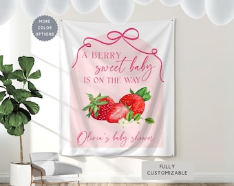 Personalized Strawberry Theme Baby Shower Banner, A Berry Sweet Baby is on the Way Hanging Backdrop, Custom Coquette Bow Fruit Party Decor