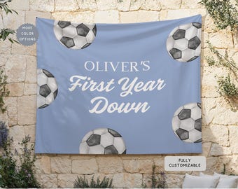 Personalized Soccer Birthday Party Banner, Custom ANY AGE Boy Sports Theme Hanging Wall Backdrop Decor, Kids Football Birthday Tapestry Sign