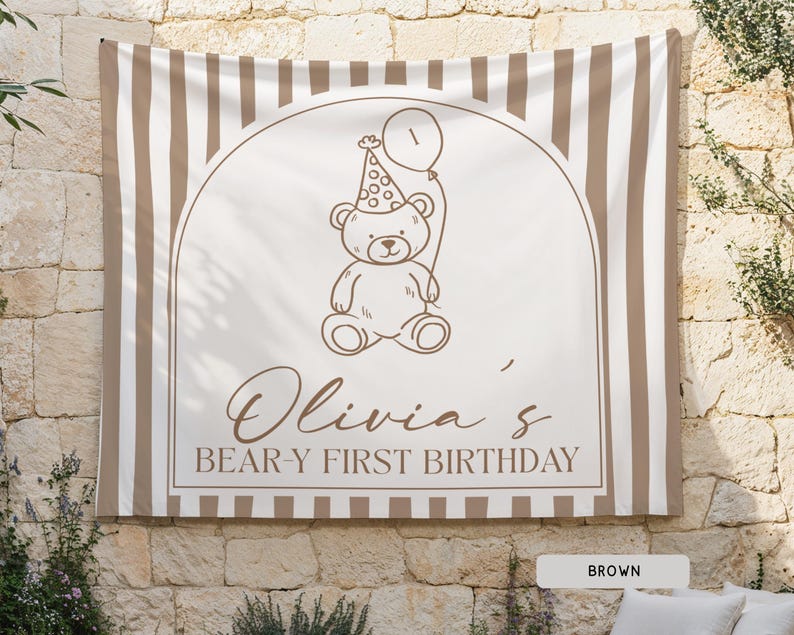 Personalized Beary First Birthday Hanging Backdrop Decor, Teddy Bear Theme Birthday Tapestry Sign, Custom 1st Birthday Boy Girl Banner Ideas image 3