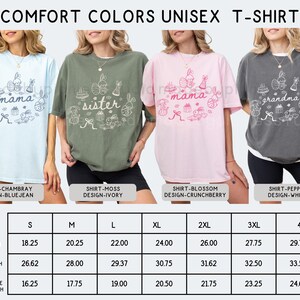 May include: Comfort Colors unisex t-shirts in blue, olive green, pink, and grey, each with an Easter graphic and the words "mama", "sister", and "grandma". Measurements are in inches. Size chart included.