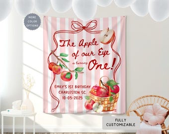 Personalized The Apple Of Our Eyes First Birthday Banner Sign, Custom ANY AGE Bday Sweet Apple Theme Party Decor, One Year Hanging Backdrop