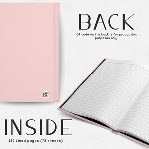 a pink lined notebook with a back cover, and an open notebook with blank lined pages.
