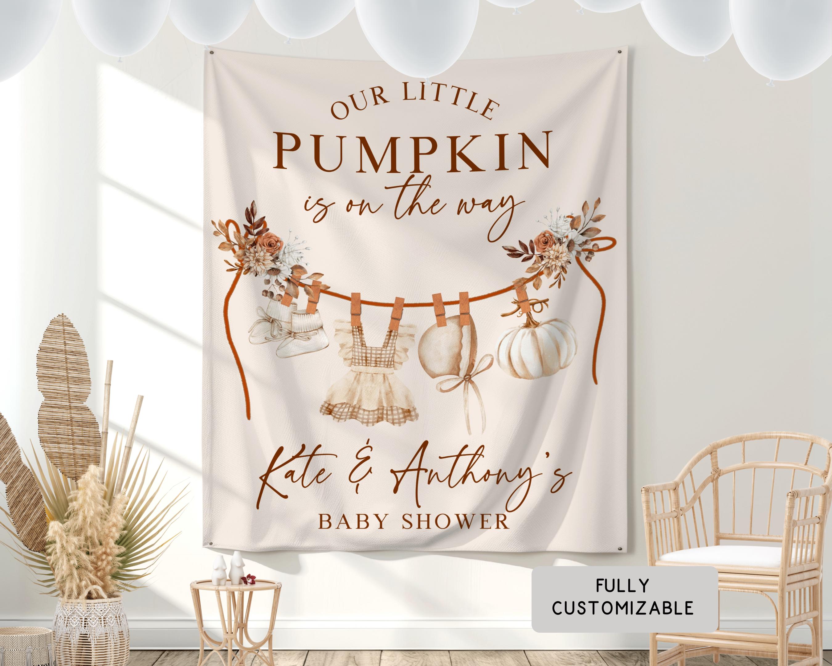 Pumpkin Baby Shower Backdrop - 5.9x3.6ft Orange White Floral 'A Little Pumpkin Is On The Way' Banner