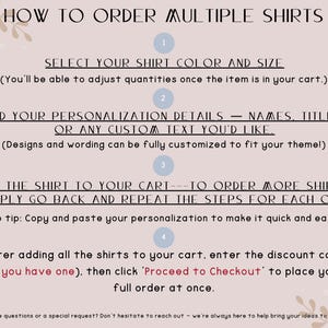 The image is a step-by-step guide on how to order multiple shirts, providing instructions on selecting the shirt color and size, adding personalization details, adding the shirt to the cart, and placing the order.