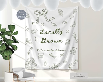 Custom Locally Grown Baby Shower Banner, Minimalist Fresh Off the Market Farmers Party Sign Decor, Vegetables Hanging Backdrop Photobooth