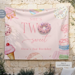 Personalized Two Sweet Birthday Banner Decor, Custom Donut & IceCream Theme Hanging Photo Backdrop, Second Birthday Girl Party Welcome Sign