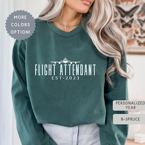Comfort Colors® Personalized EST Flight Attendant Sweatshirt, Flight Crew Gift ,Female Aviator Sweater, Stewardess Shirt, Airline Crew Gift