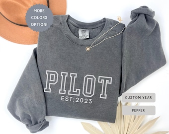 Comfort Colors® Custom EST Pilot Sweatshirt , Minimalist Airplane Shirt, Personalized Aviator Grad Gift, Flight Captain Sweater, Flight Crew