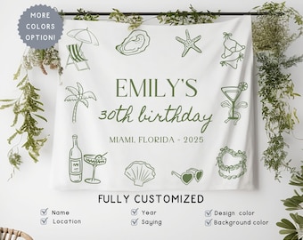 Custom 30th Beach Theme Birthday Banner Sign, Thirties Party Wall Hanging Decor ,Personalized Location Girls Social Club Tapestry ,Est 1994