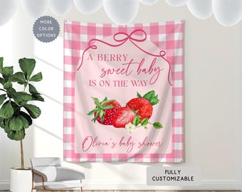 Personalized Strawberry Theme Baby Shower Banner, A Berry Sweet Baby is on the Way Hanging Backdrop, Custom Coquette Bow Fruit Party Decor