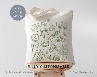 Personalized Camp Bachelorette Tote Bag, Bridesmaid Cabin Bach Party Favor Bag, Mountain Wedding Bridal Shower Gift, Hiking Bride Crew Bags